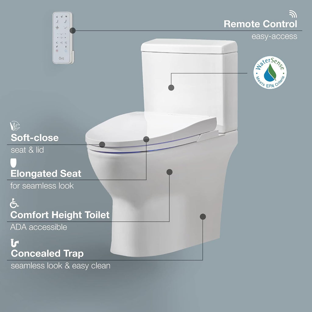 OVE Decors Wilma Smart Toilet with Integrated Bidet Seat, Heated Seat with Auto Flush and Warm Water and Multi Function Remote Control, White