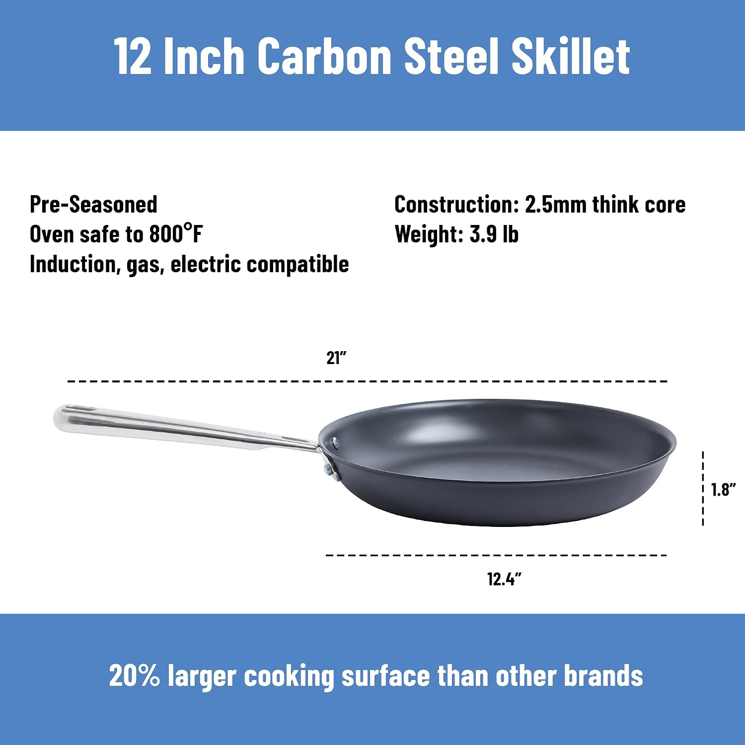 Misen 12 Inch Pre-Seasoned Carbon Steel Fry Pan – Lightweight, Even Heating, Heat Retention – Oven Safe to 500°F – Ideal for Searing, Sautéing, and Frying – Versatile Durable, Easy to Clean