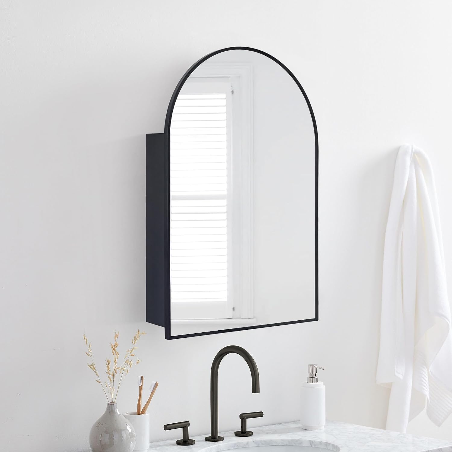 TEHOME 24 x 36'' Black Arch Bathroom Medicine Cabinet with Mirror Recessed and Surface Mounted Medicine Cabinet Mirror
