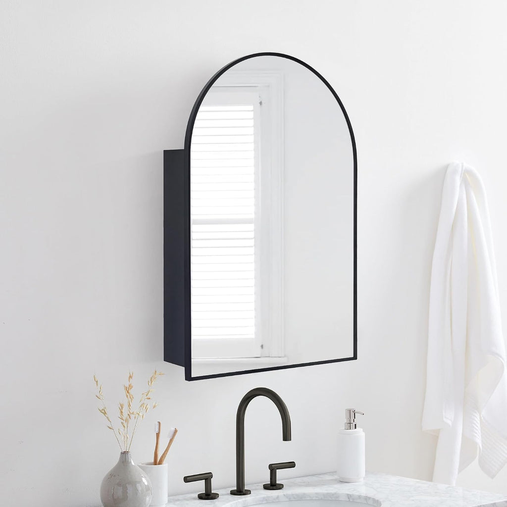 TEHOME 20 x 30'' Black Arched Bathroom Medicine Cabinet with Mirror Recessed and Surface Mounted Medicine Cabinet Mirror