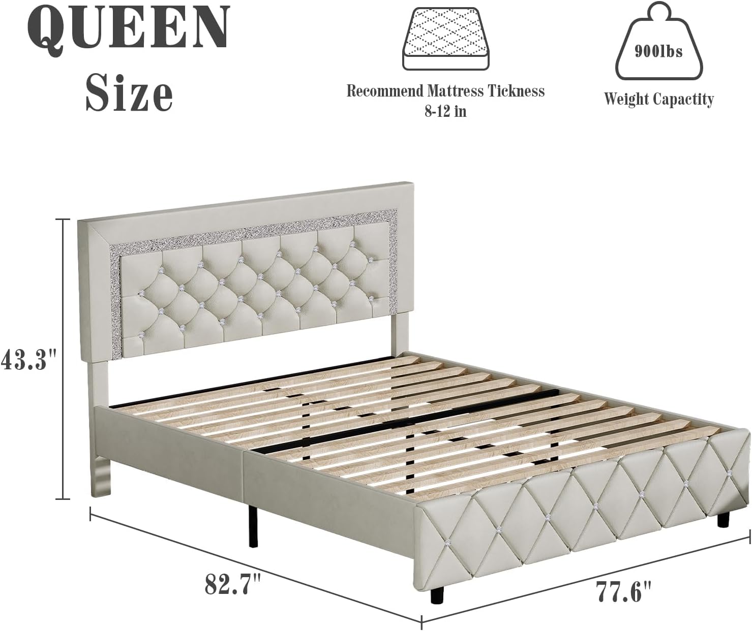 BarnFurin Queen Bed Frame with Diamond Tufted Headboard, Faux Leather Upholstered Bed with Wooden Slats Support, No Box Spring Needed, Mattress Foundation, Easy Assembly, Cream