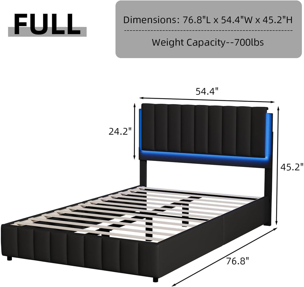 REVOMINCA Full Size Bed Frame with LED Lights, Faux Leather Upholstered Platform Bed with Headboard and Wooden Slats Support, No Box Spring Needed, Noise-Free, Easy Assembly, Black