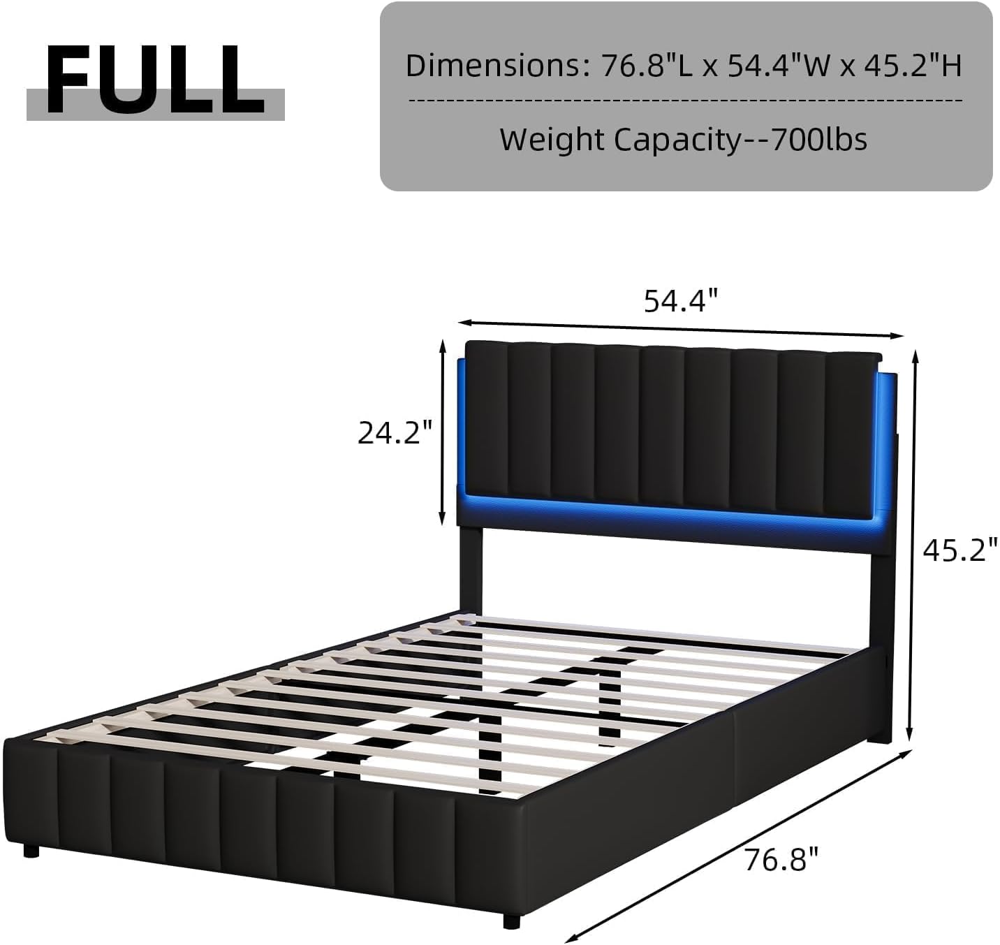 REVOMINCA Full Size Bed Frame with LED Lights, Faux Leather Upholstered Platform Bed with Headboard and Wooden Slats Support, No Box Spring Needed, Noise-Free, Easy Assembly, Black