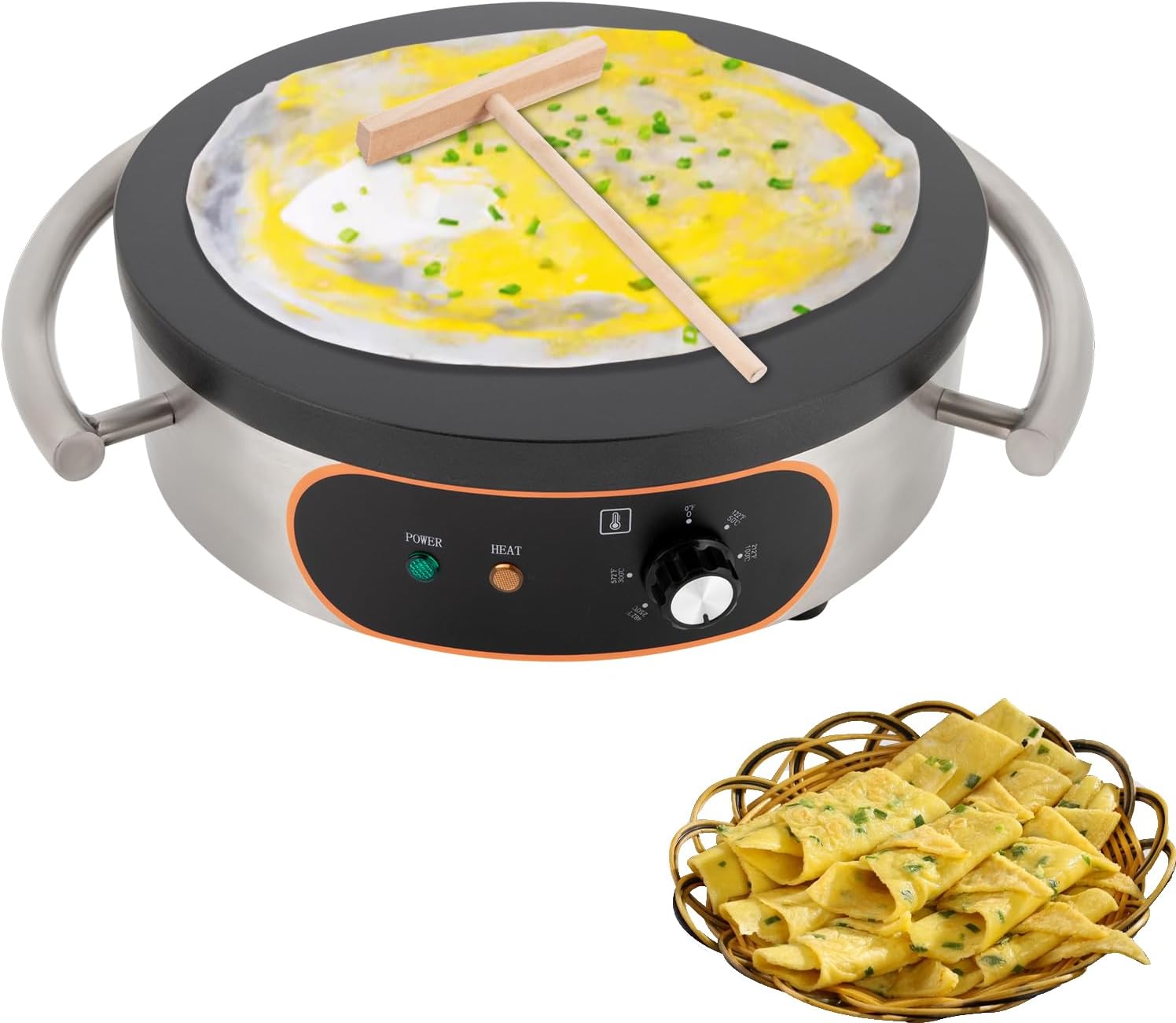 16 inch Professional Crepe Maker, 1500W Non-stick Stainless Steel Electric Griddle Adjustable Temperature Pancake Maker for Making Various Flavors of Crepe, Pancake, Tortillas, Steak, Bacon