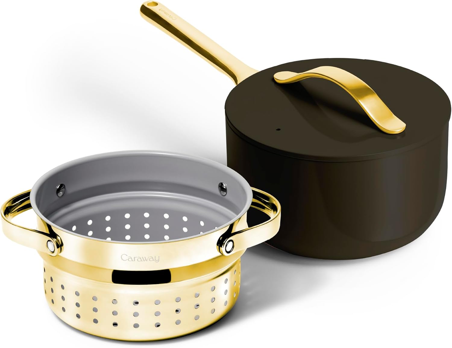 Caraway Nonstick 3 Qt Ceramic Sauce Pan with Lid & Steamer - Non Toxic, PTFE & PFOA Free - Oven Safe & Compatible with All Stovetops (Gas, Electric & Induction) - Black
