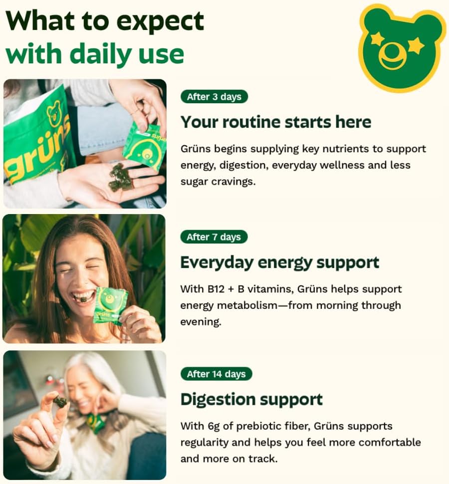 Gruns Adult Super Greens Multivitamin Gummies, Superfood Gummy Vitamins for Women and Men with Spirulina, Chlorella, Adaptogens & Prebiotic Fiber for Digestive Health (28 Count) (Pack of 2)