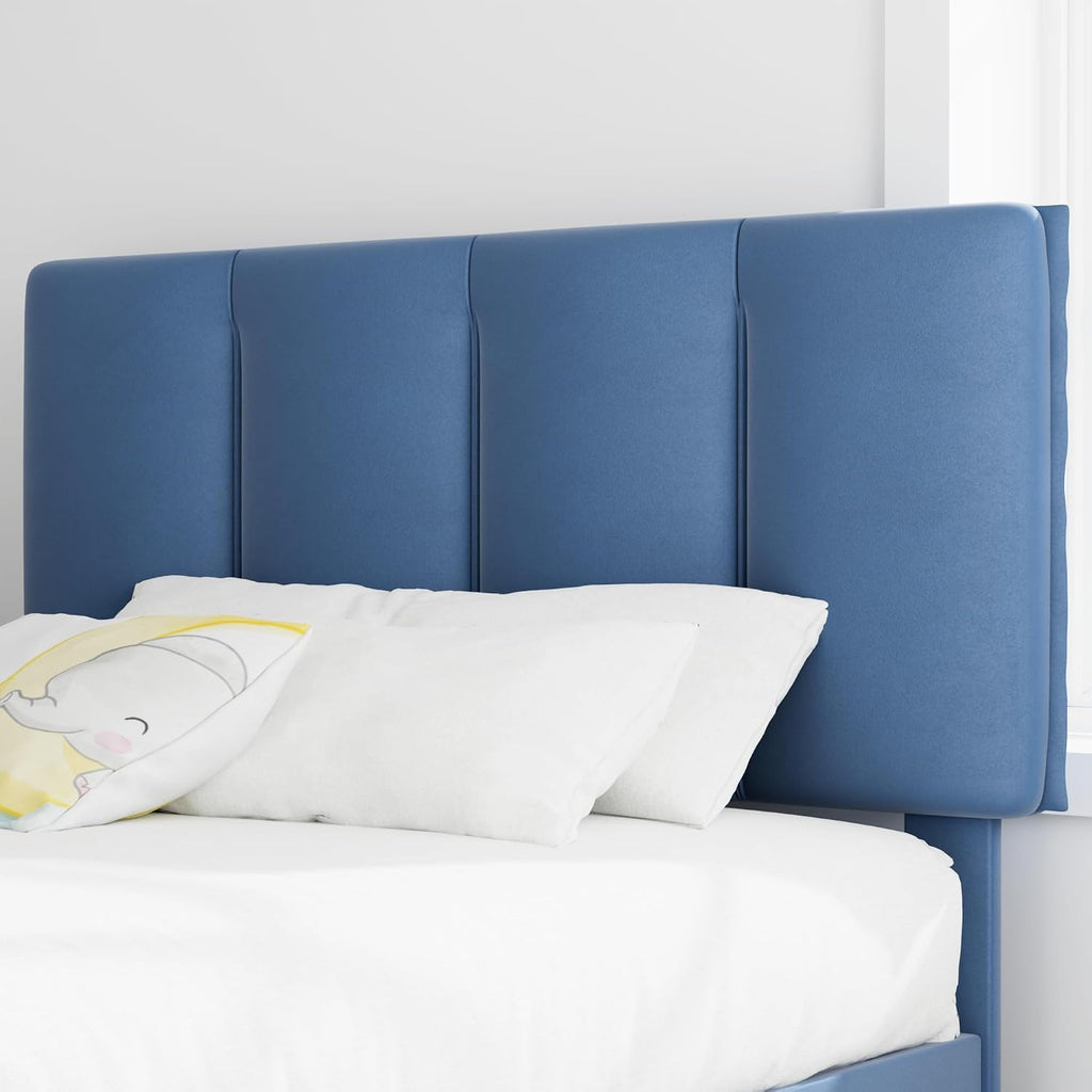 VECELO Twin Size Bed Frame with Upholstered Headboard, Heavy-Duty Bedframe with Wooden Slats & Steel Framework, Easy Assembly, Dark Blue