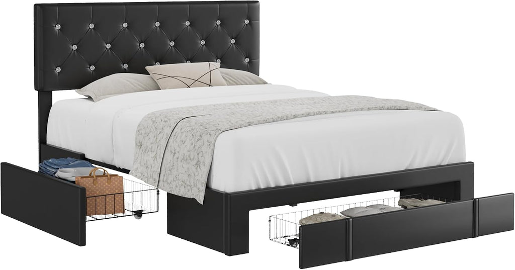 VECELO Queen Size Bed Frame with 3 Storage Drawers, Leather Upholstered with Diamond Tufted Headboard, Solid Wood Slat Support & Steel Framework, PU & Black