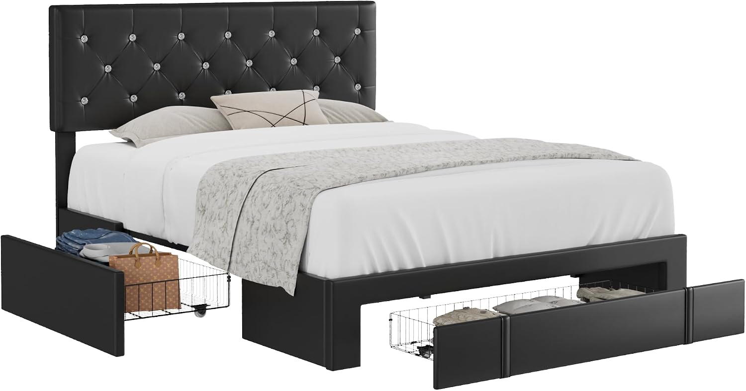 VECELO Full Size Bed Frame with 3 Storage Drawers, Leather Upholstered with Diamond Tufted Headboard, Solid Wood Slat Support & Steel Framework, Black