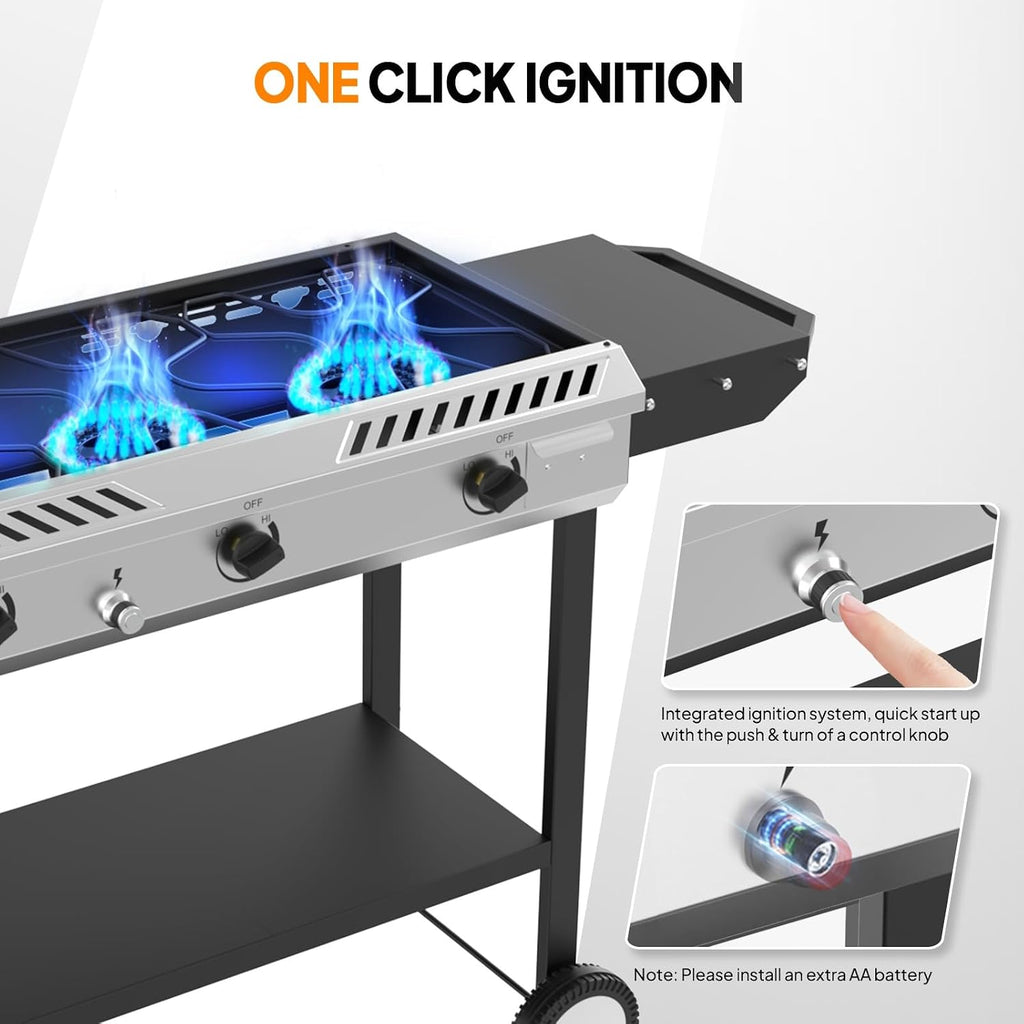 Bonnlo 3 Burner Propane Stove with Inginition, 225000BTU Gas Stove with Side Table Storage Shelf and Portable Rolling Wheels, Gas Burner for Outdoor Camping Patio Backyard Cooking Boiling Frying