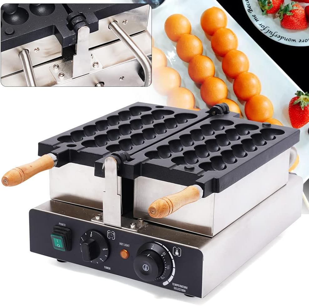Waffle Ball Maker, 110V 1600W Commercial Bubble Shaped Waffle Ball Maker Electric Stainless Steel Rotatable Double-Head Heating Waffle Ball Making for Tea Shops, Snack Bars (3 Roots 110V 1600W)