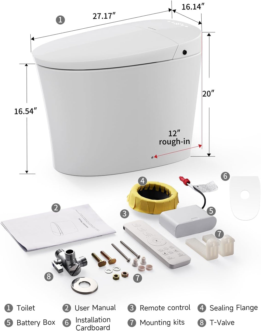 SR SUN RISE One Piece Smart Toilet with Bidet Built-in All in One Intelligent Electric Toilet with Adjustable Heated Seat,Drying,Powerful/Water-saving Flush,Deodorisation&Sterilisation for Bathroom