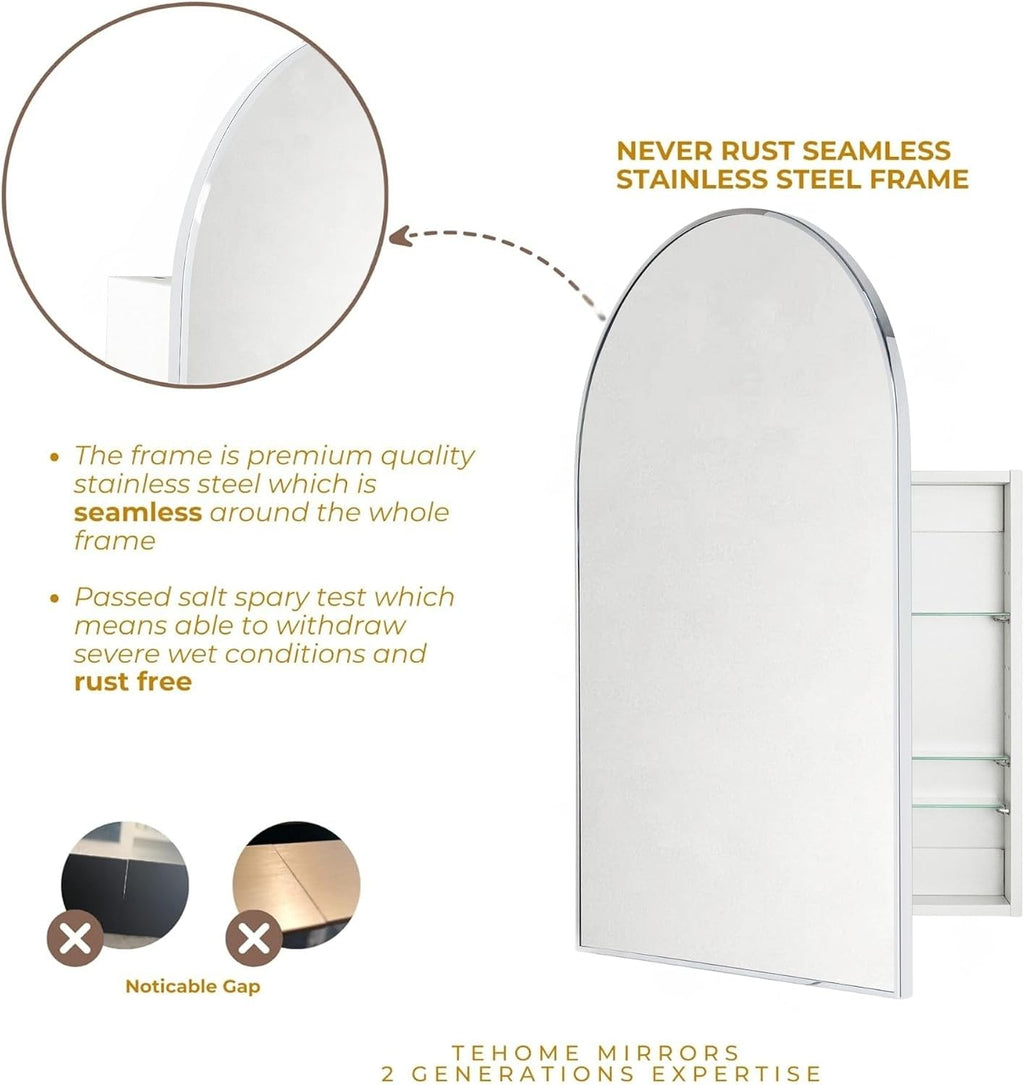 TEHOME 24 x 36'' Chrome Arch Bathroom Medicine Cabinet with Mirror Recessed and Surface Mounted Chrome Medicine Cabinet Mirror