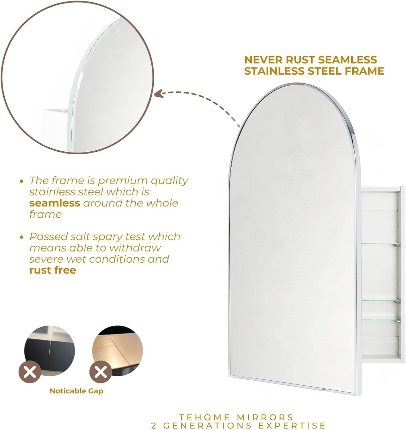 TEHOME 24 x 36'' Chrome Arch Bathroom Medicine Cabinet with Mirror Recessed and Surface Mounted Chrome Medicine Cabinet Mirror