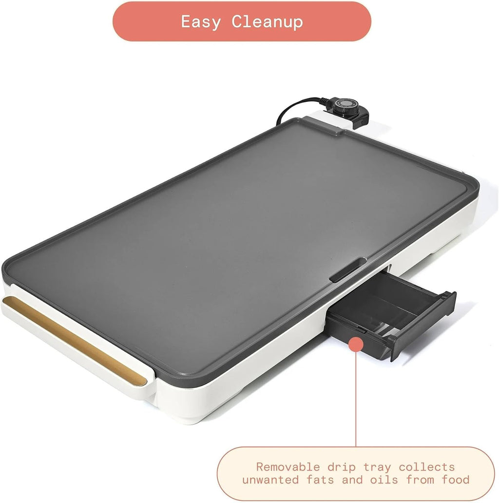 XL Electric Griddle 12' x 22' – Non-Stick, Family Size, Adjustable Temperature, Removable Drip Tray (White Icing)