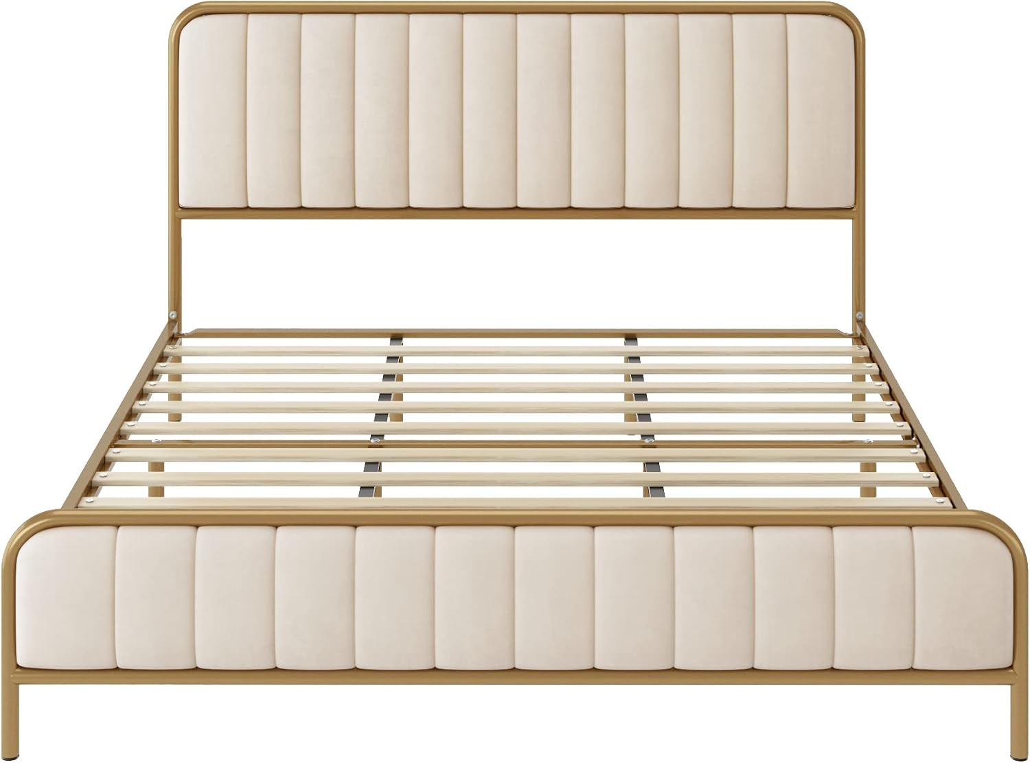 HITHOS Full Size Bed Frame with Button Tufted Headboard, Upholstered Heavy Duty Metal Mattress Foundation with Wooden Slats, Easy Assembly, No Box Spring Needed (Golden/Off White, Full)
