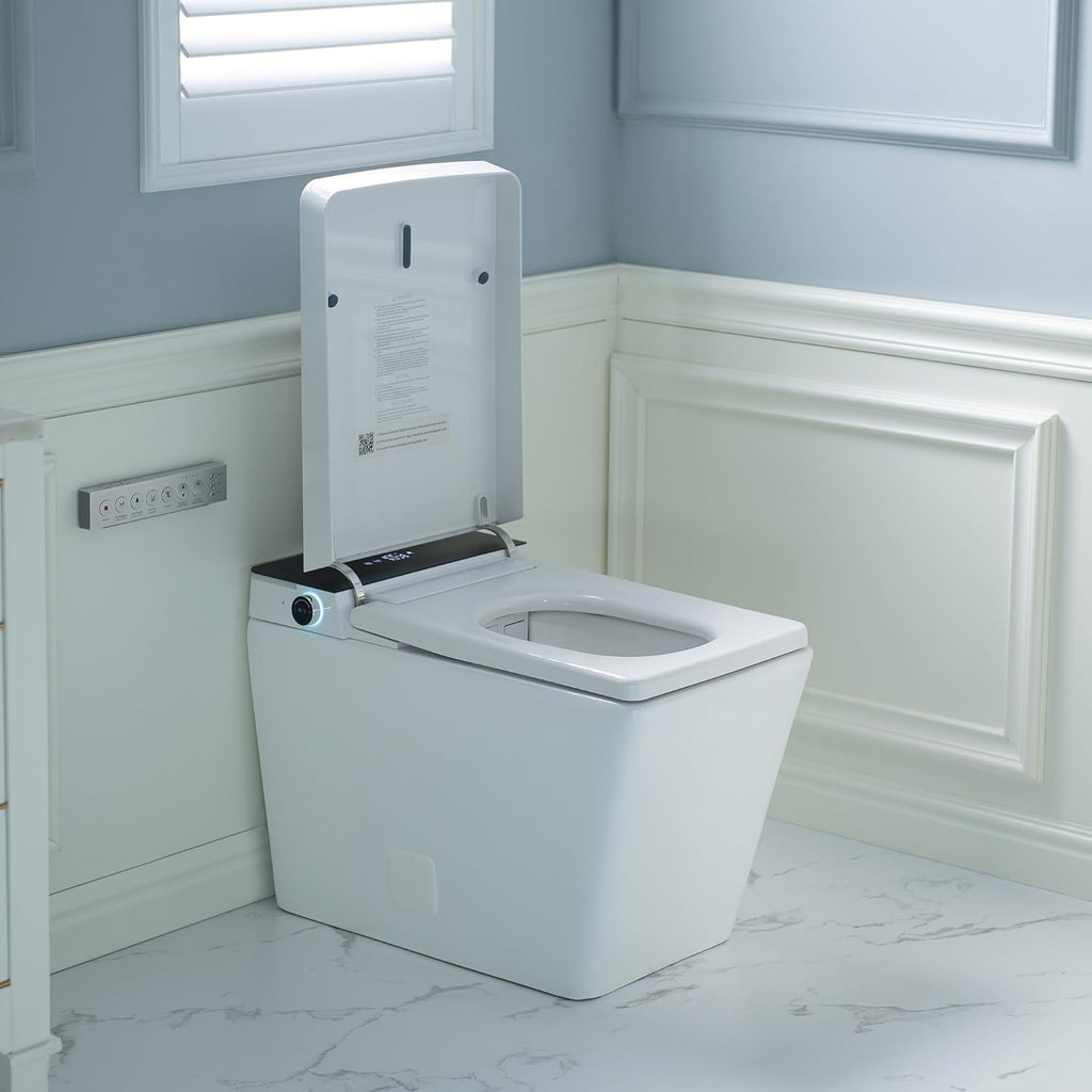 WOODBRIDGE One Piece Square Smart Toilet with with Tank,Auto Open & Close, Foot Sensor, Auto Flush, Multiple Spray Modes, Heated Seat, Warm Water and Air Dryer, Auto LED Nightlight, White