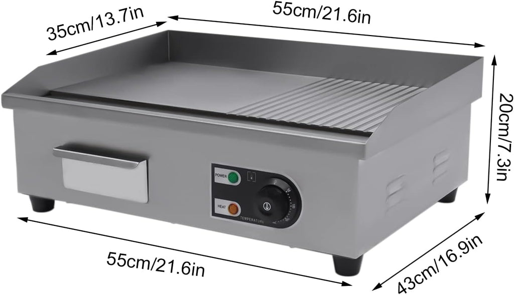 1600W Commercial Griddle, 22' X 13.7' Electric Griddles Grill,Commercial Flat Top Griddle Countertop Griddle Hot Plate Kitchen Stainless Steel Restaurant Grill, 50-300°C Adjustable Temperatures