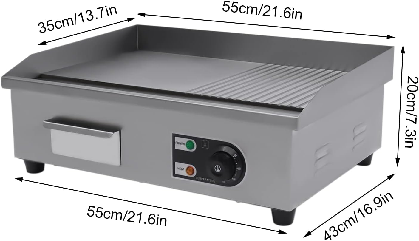 1600W Commercial Griddle, 22' X 13.7' Electric Griddles Grill,Commercial Flat Top Griddle Countertop Griddle Hot Plate Kitchen Stainless Steel Restaurant Grill, 50-300°C Adjustable Temperatures
