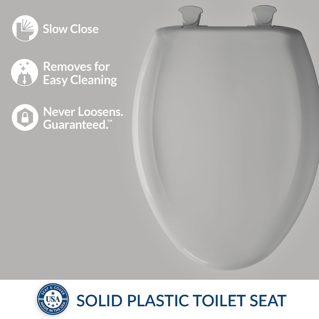 Bemis Classic Colors Slow Close Toilet Seat, Easy Clean Hinges and Durable Plastic Seat, Made in USA, Elongated, Silver