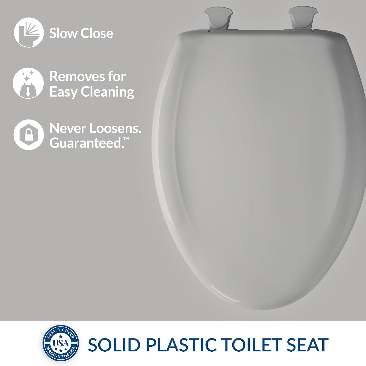 Bemis Classic Colors Slow Close Toilet Seat, Easy Clean Hinges and Durable Plastic Seat, Made in USA, Elongated, Silver