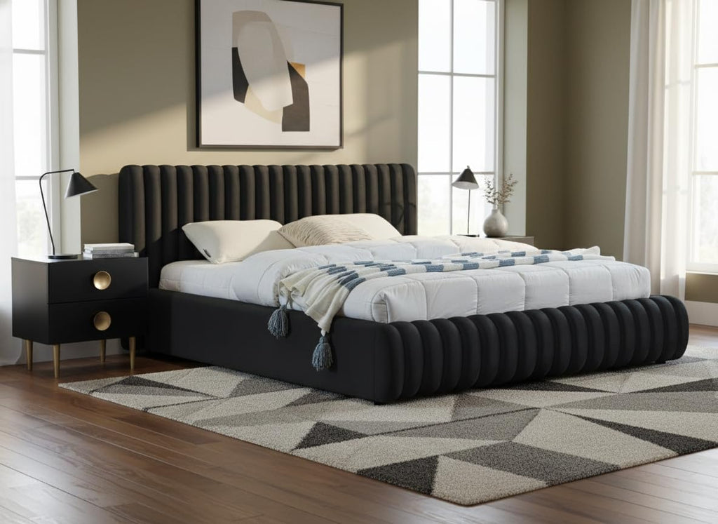 Meridian Furniture NicoBlack-K Nico Collection Modern | Contemporary Velvet Upholstered King Bed with Rich Black Velvet and Deep Channel Tufting, 89' W x 91' D x 38' H, Black, King
