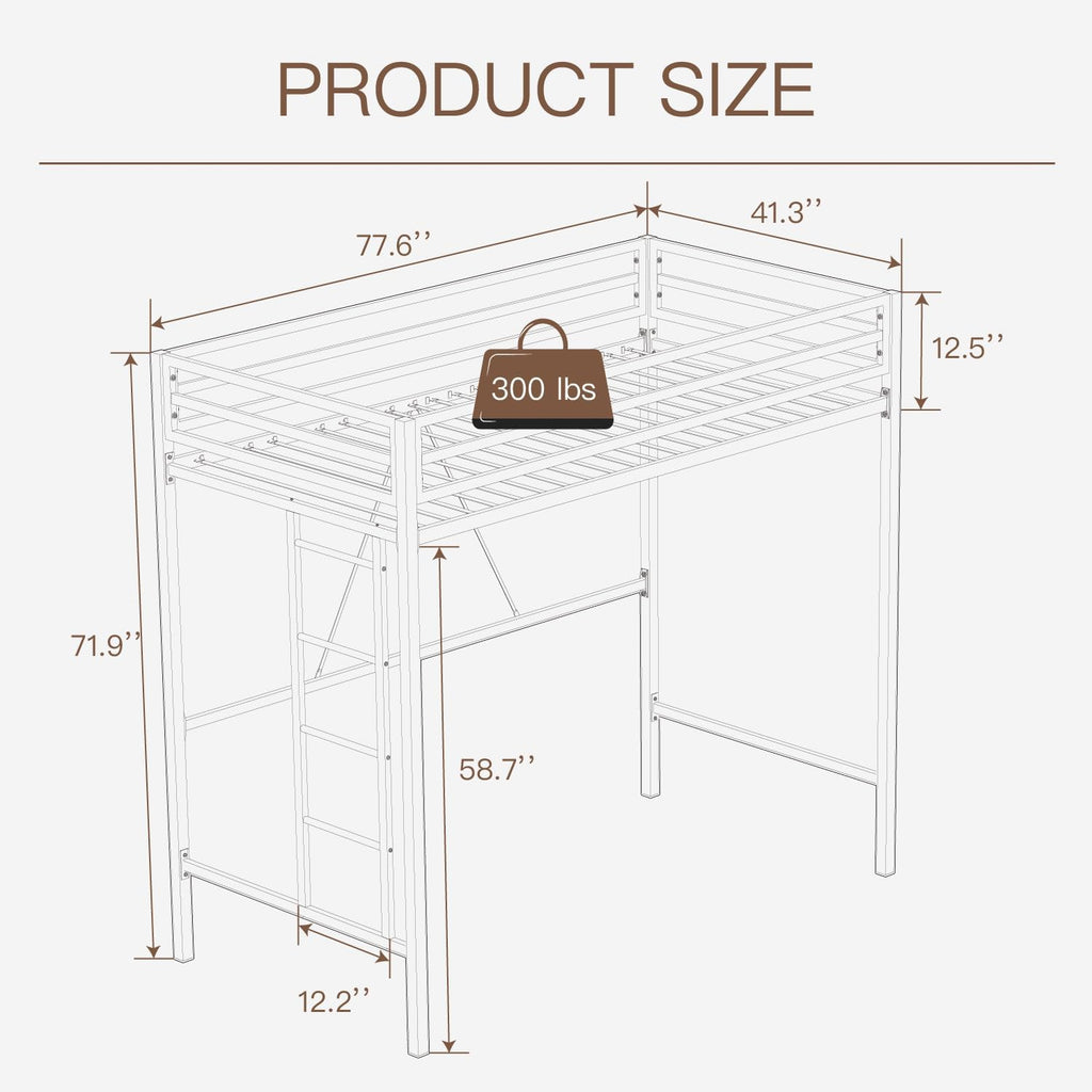 ikalido Metal Loft Bed Twin Size with Safety Guardrail and Ladder, No Box Spring Needed Space Saving Bedroom Furniture, Matte Black