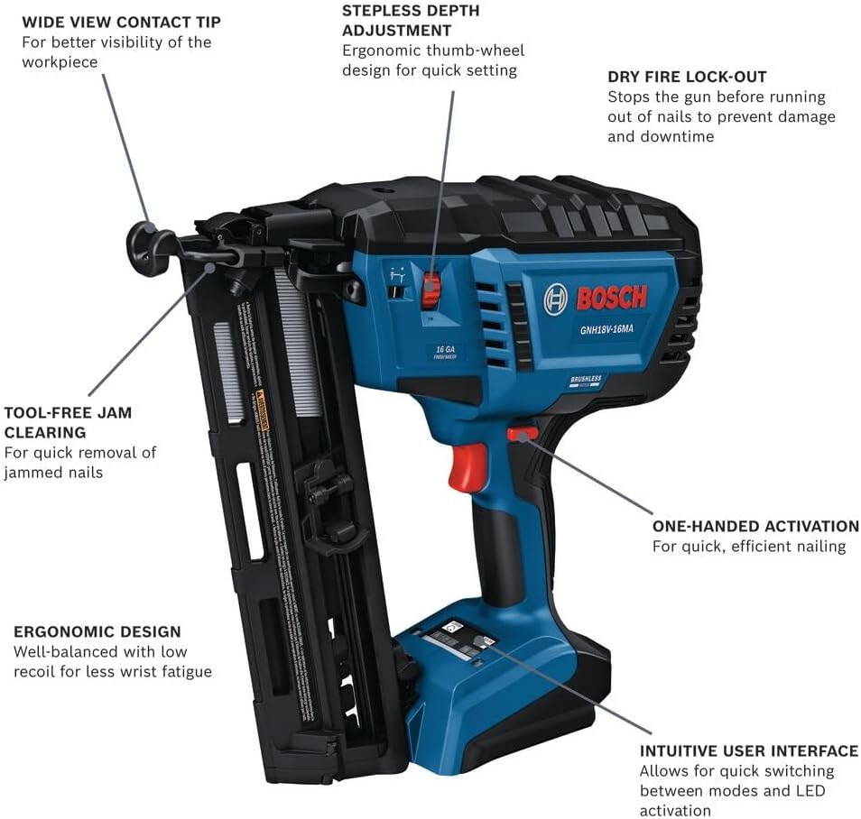 BOSCH GNH18V-16MAN 18V Brushless 16-Gauge Angled Finish Nailer - Fastens up to 1,600 Nails per Charge, One-Handed Activation, Tool-Free Jam Clearing, Belt Hook (Bare Tool)