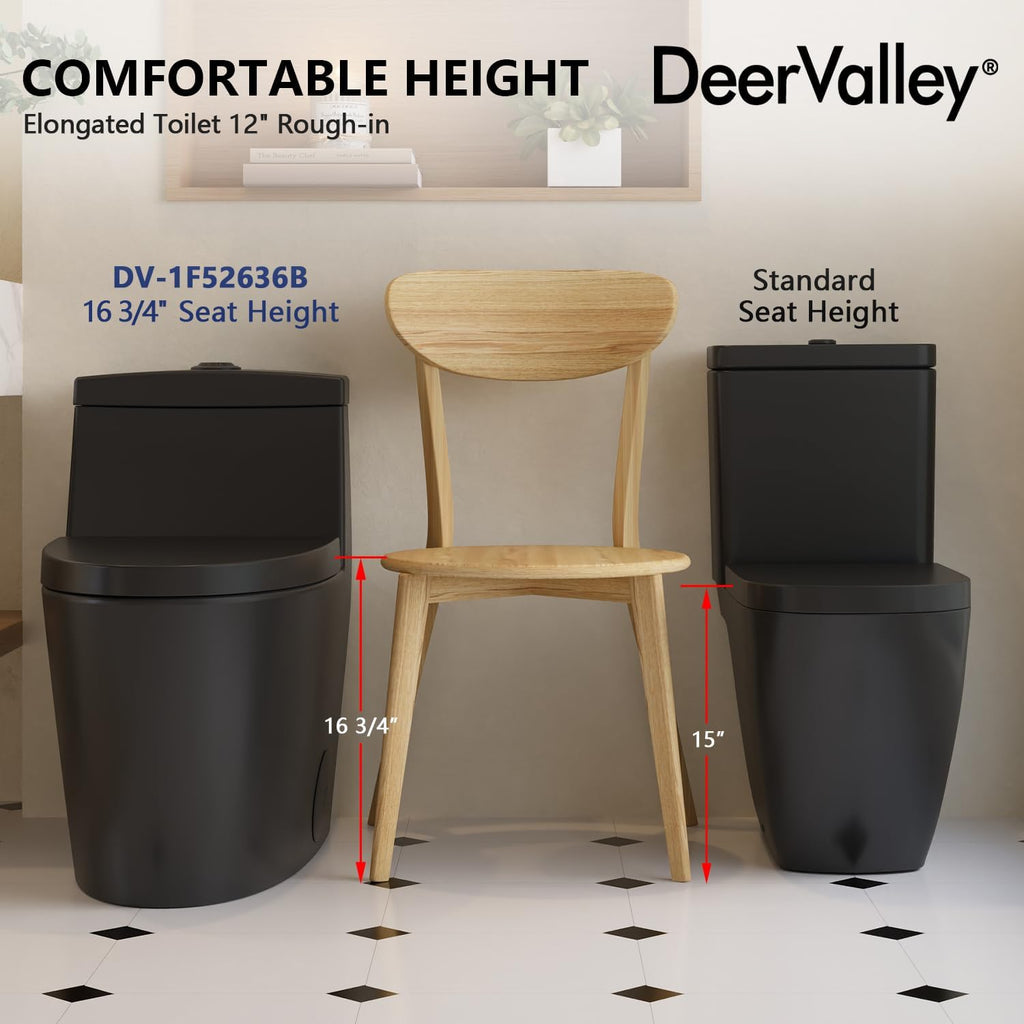DeerValley One Piece Toilet Elongated 1.1/1.6 GPF Dual Flushing Toilets with 17' ADA Comfortable Chair Seat 12' Rough-In High-Efficiency Black Toilet DV-1F52636B