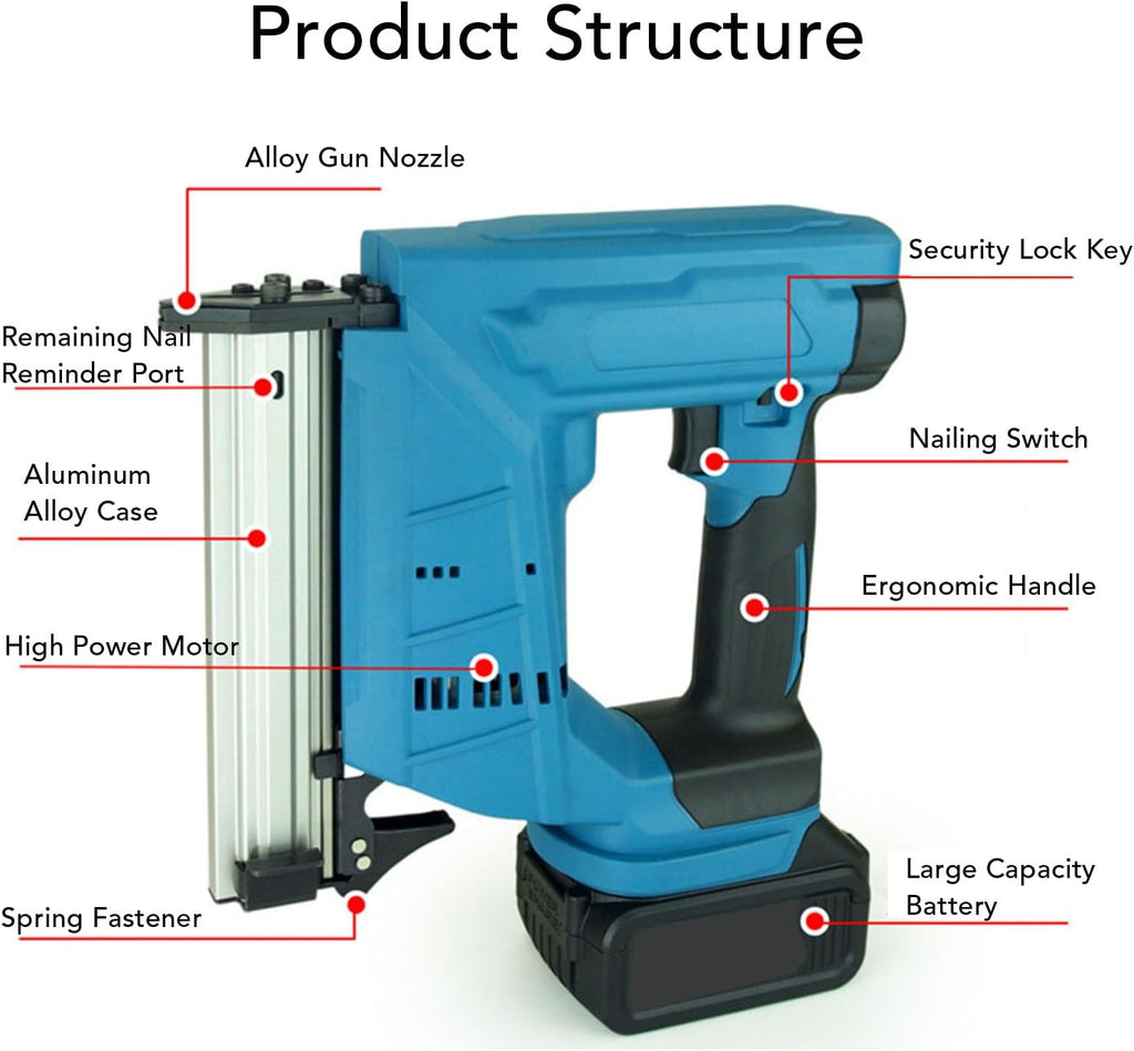 Electric Brad Nailer Battery Powered Cordless Stapler Gun for 10-30MM Straight Nail Home and Woodworking