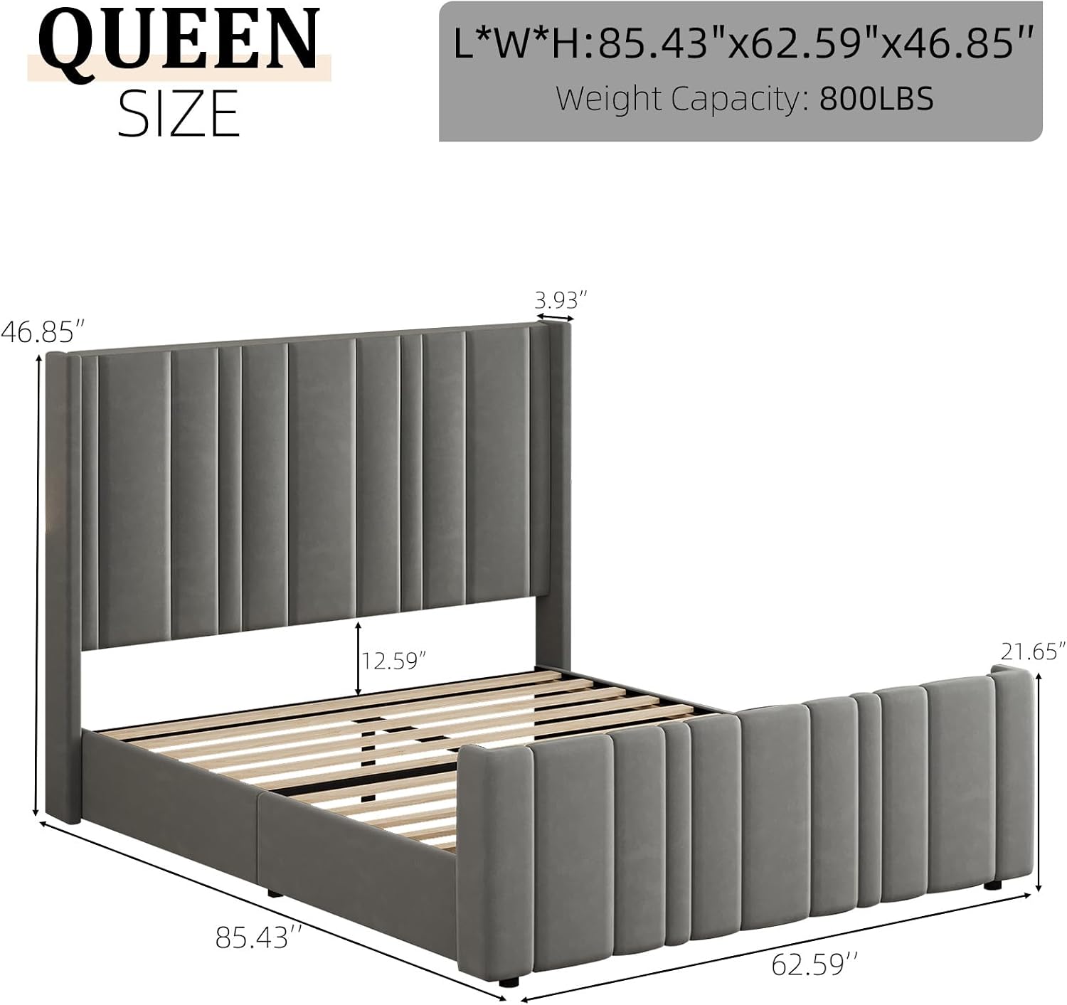 HOMBCK Bed Frame Queen Size, Upholstered Bed Frame Queen with Velvet Headboard & Footboard, Vertical Channel Tufted Design, No Box Spring Needed, Wooden Slats, Noise Free, Easy Assembly, Grey