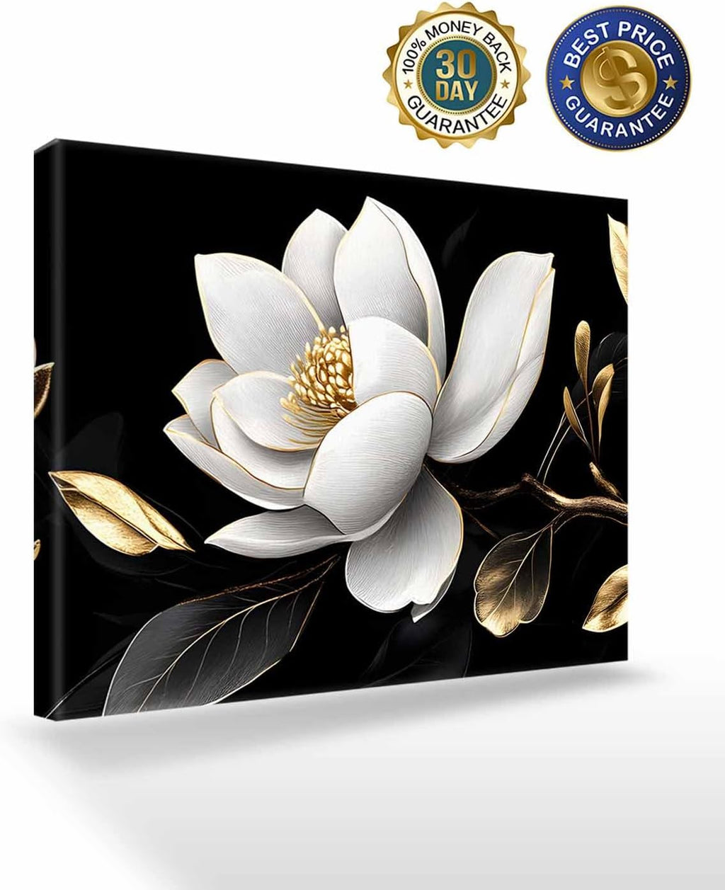 White Flowers Wall Art,Black Gold Farmhouse Floral Framed Canvas Picture Wall Decor for Living Room Bathroom Bedroom,Vintage Leaves Painting Artwork for Office Kitchen Hallway Home Decorations 24'x32'