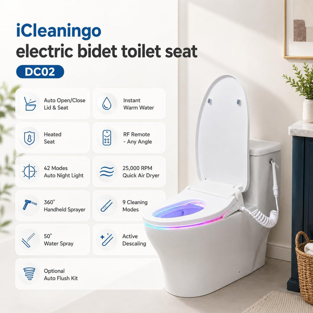 DC02 iCleaningo Electric Bidet Toilet Seat, Auto Open & Close Lid, Heated Seat, Adjustable Wash & Dry, 360° Handheld Sprayer, 42-Color Dual-Ring Ambient Light, Elongated, Remote