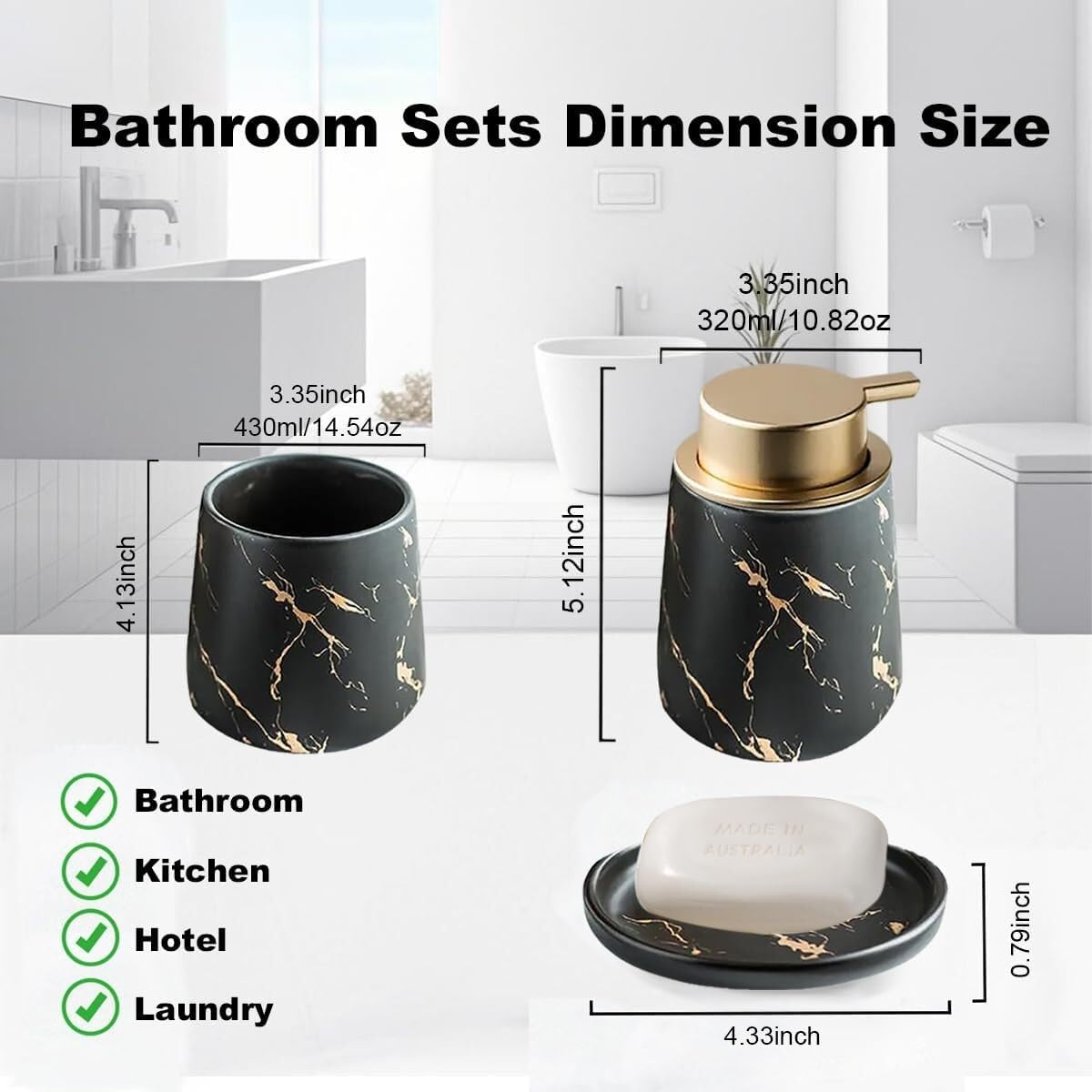 Bathroom Accessories Set Ceramic Bathroom Accessory Set Plant Patterns Accessories with Soap Dispenser Dish Tumbler for Home Decor Victorian(3 Piece Set-Black)