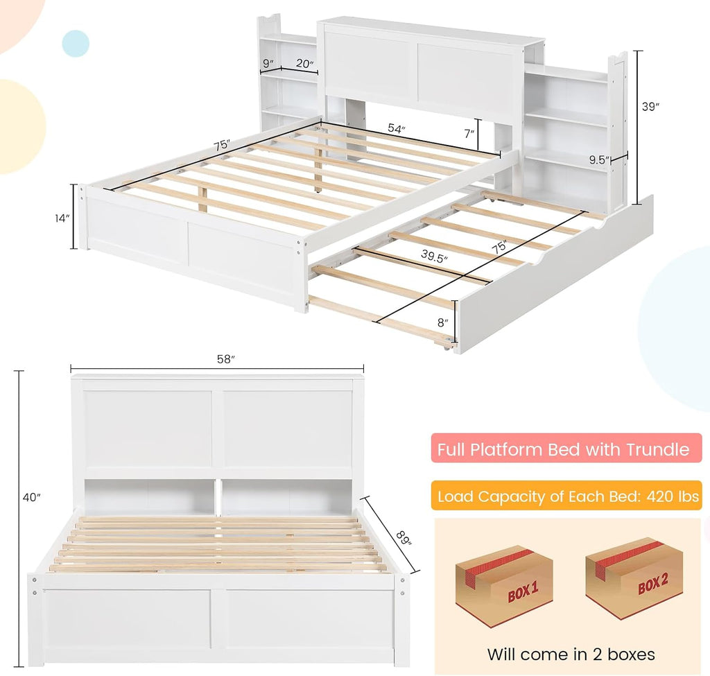 Giantex Full Size Bed Frame with Twin Trundle, Wooden Storage Platform Bed with 2 Rolling Bookcases & Headboard, Full Bed Frames for Kids, No Box Spring Needed, White