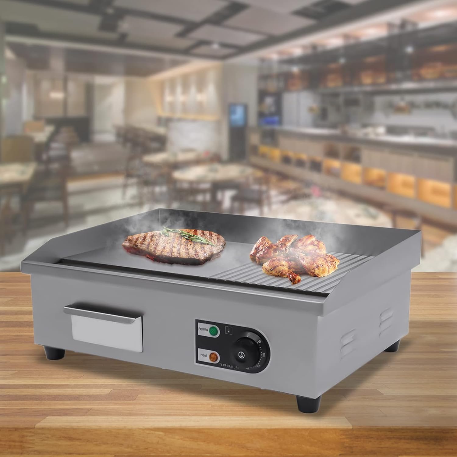 1600W Commercial Griddle, 22' X 13.7' Electric Griddles Grill,Commercial Flat Top Griddle Countertop Griddle Hot Plate Kitchen Stainless Steel Restaurant Grill, 50-300°C Adjustable Temperatures