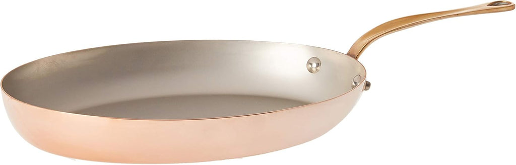 Mauviel M'Heritage 150 B 1.5mm Polished Copper & Stainless Steel Oval Frying Pan With Brass Handles, 11.8 x 7.9-in, Made in France