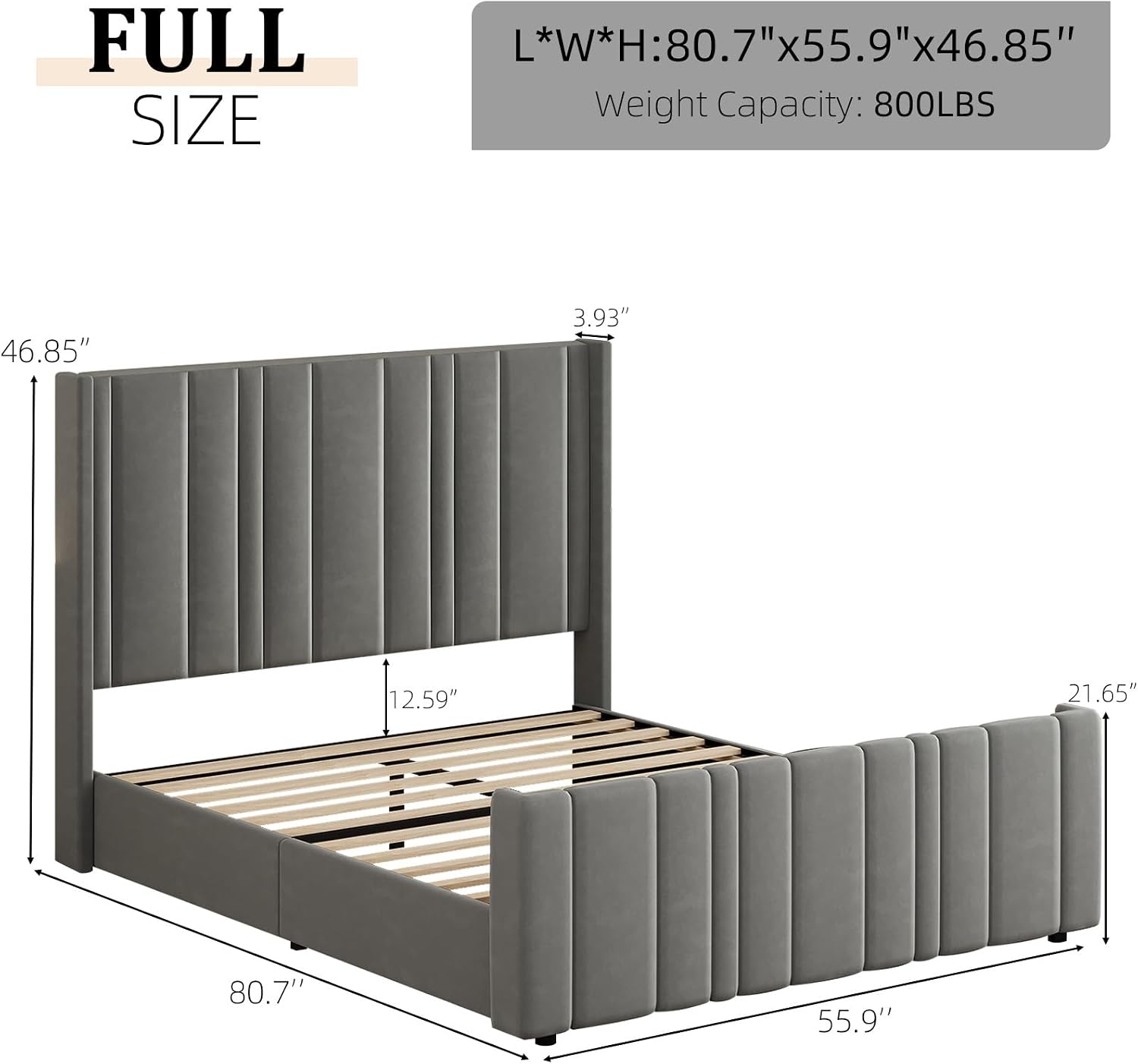 HOMBCK Full Size Bed Frame, Velvet Upholstered Platform Bed Frame Full with Vertical Channel Tufted Headboard & Footboard, Wooden Slats/Noise Free/No Box Spring Needed/Easy Assembly, Grey
