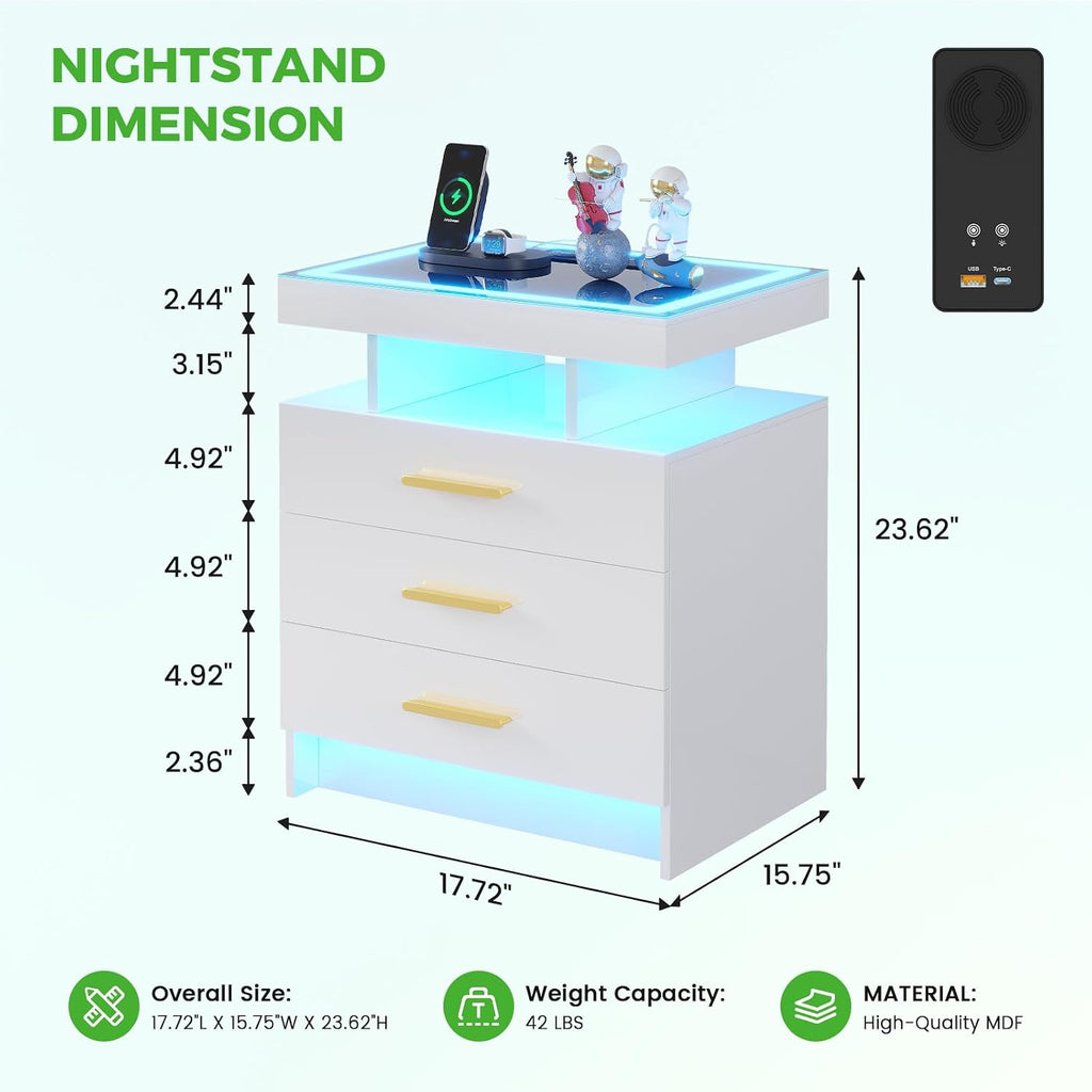 HNEBC LED Nightstand with Charging Station,Smart Bedside Table with Motion Sensor Lights,3 Drawers,Tempered Glass Top,High Gloss End Table with 3 Color Lights for Bedroom, Living Room,Office-White