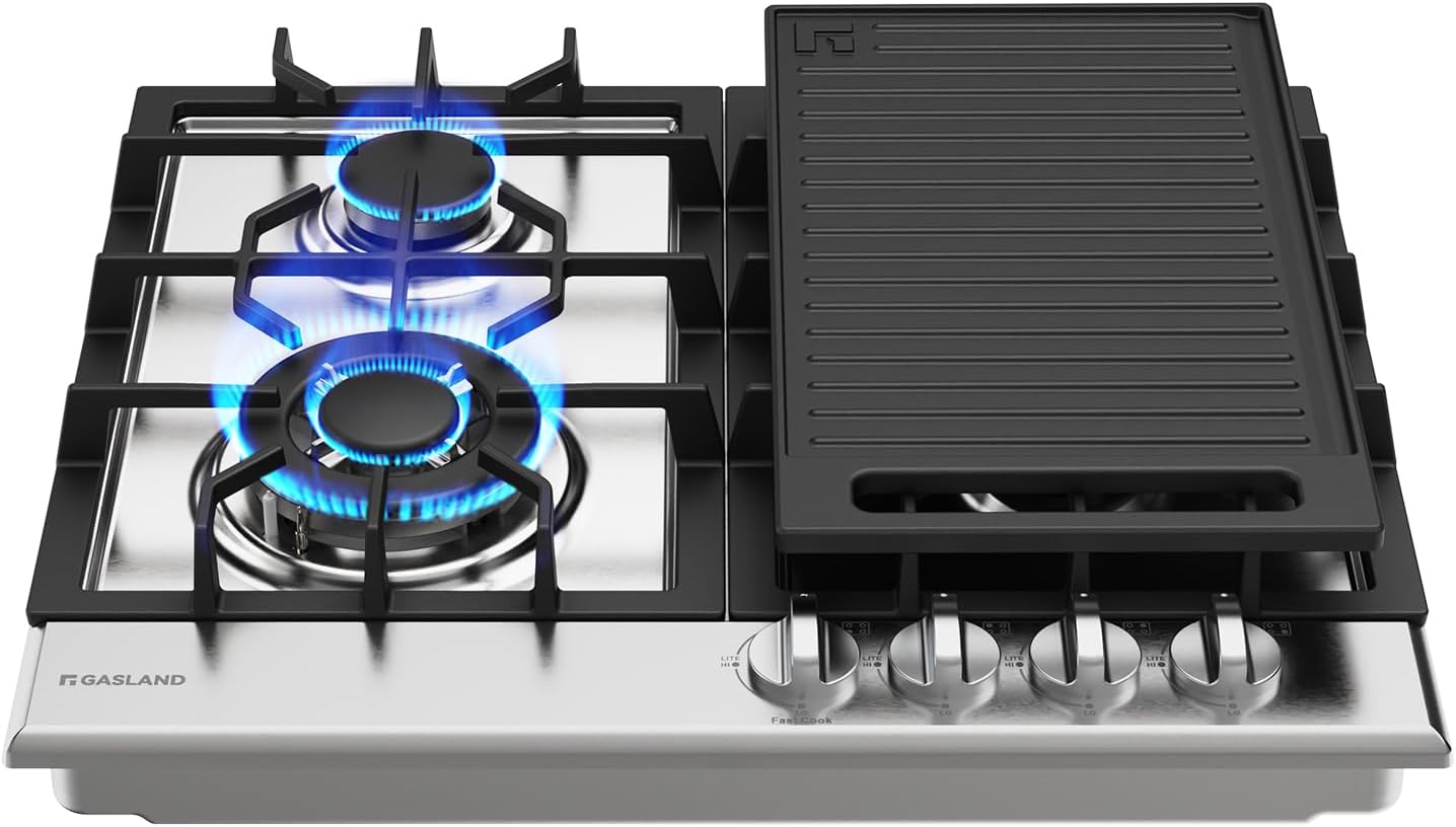 GASLAND 24 Inch Gas Cooktop with Griddle, 4 Sealed Burners Stovetop, LPG/NG Convertible Dual Fuel Natural Gas Hob, Heavy Duty Cast Iron Grates, Electronic Ignition, Zinc Alloy Knobs, Stainless Steel