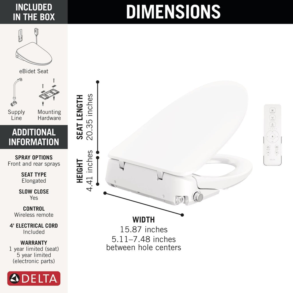 Delta Faucet Refresh Premium Elongated Electric Bidet Toilet Seat, Warm Water Bidet, Heated Seat Bidet, Bidet Attachment for Toilet, Toilet Seat Bidet, Bidet Toilet Seat Elongated, White 893006E-WH