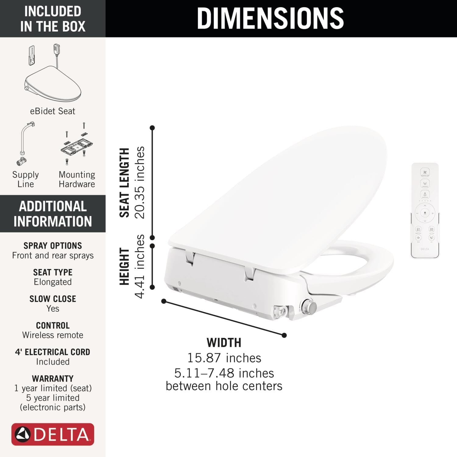 Delta Faucet Refresh Premium Elongated Electric Bidet Toilet Seat, Warm Water Bidet, Heated Seat Bidet, Bidet Attachment for Toilet, Toilet Seat Bidet, Bidet Toilet Seat Elongated, White 893006E-WH