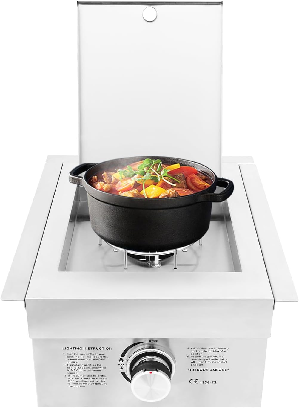 Single Burner Stove for Outdoor Kitchen, Built-in Stainless Steel Side Burner with Removable Grates & Cover, Gas Stove for BBQ Island, Patio, Backyard (Liquid Propane, Single Burner)
