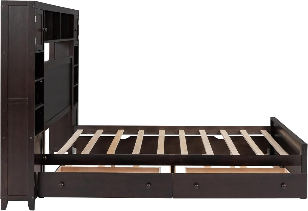 Queen Storage Bed with Bookcase Headboard, Queen Size Platform Bed with Trundle and 2 Storage Drawers, Solid Wood Queen Size Bed Frame with Cabinet and Shelf, No Box Spring Needed (Espresso)