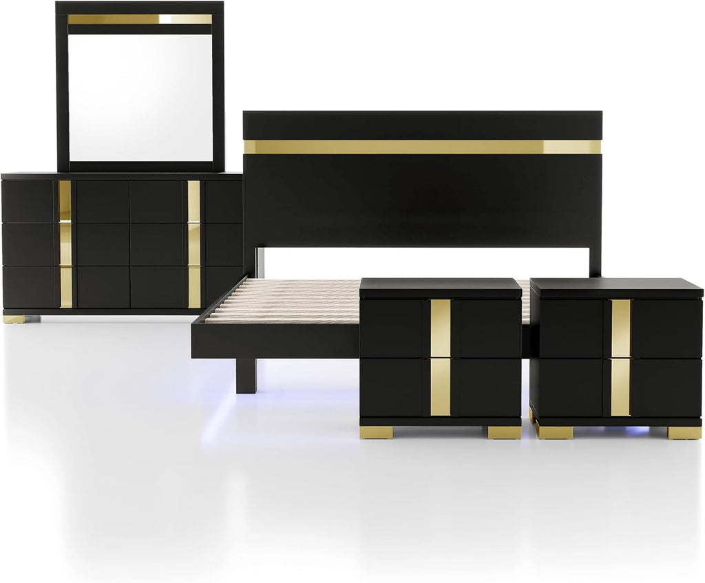 Furniture of America Ansten Modern Wood 5-Piece Platform Bedroom Set with Gold Trim, Underbed LED, Dust Proof Cases, Bracketed Metal Legs, No Box Spring Needed, Full, Black