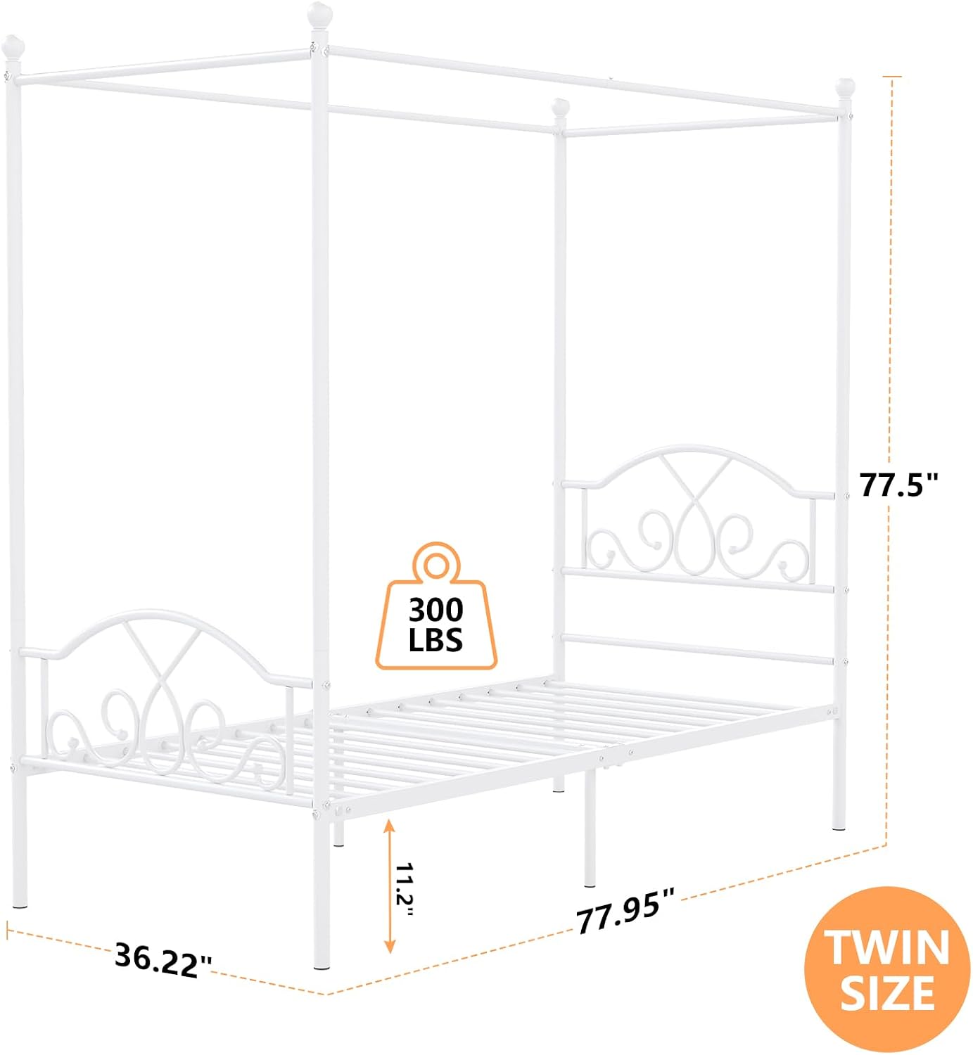Weehom Twin Canopy Bed Frame with Headboard and Footboard Metal Four Posters Curtains Design Mattress Foundation Bed Platform Underbed Storage Space No Box Spring Needed for Kids Adults White
