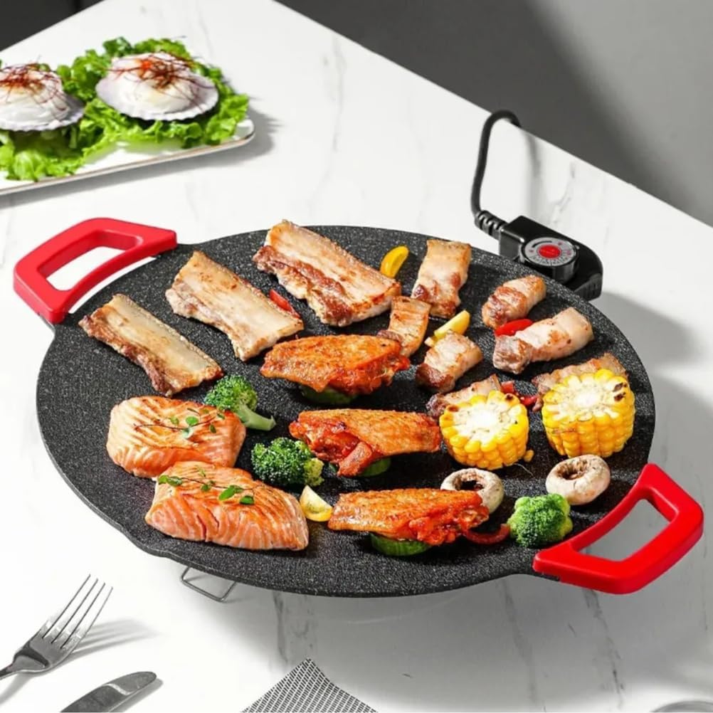 28CM Portable Non-Stick Electric Indoor Grill Pan, Household Round BBQ Griddle Plate Grill Pan Non-Stick Grill Adjustable Gears Barbecue