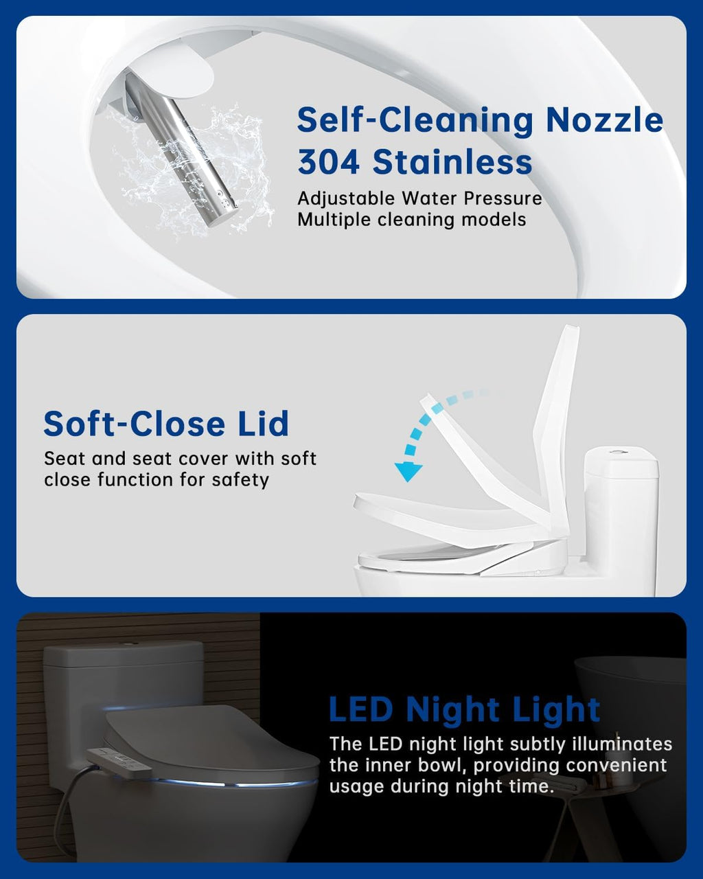 Heated Smart Toilet Seat with Feminine Wash & Dryer, Elongated Bidet with Adjustable Water Temperature, Pressure & Nozzle Position, Easy Installation & Soft-Close Lid for Modern Bathrooms