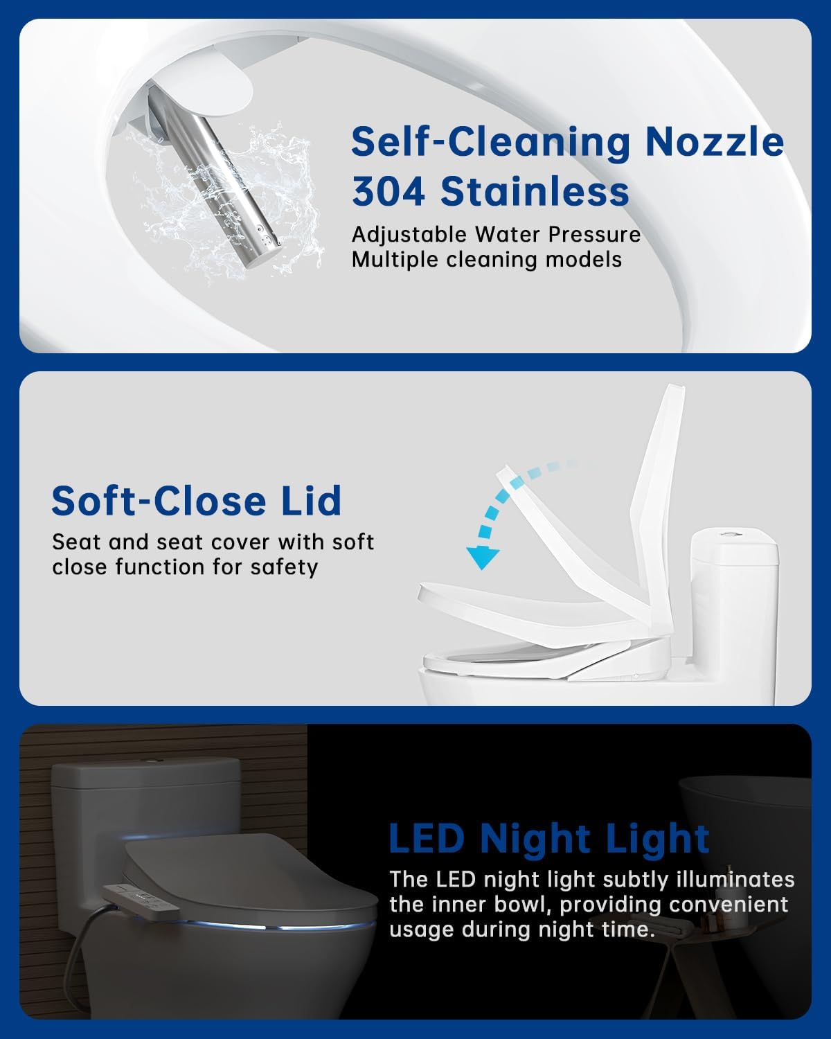 Heated Smart Toilet Seat with Feminine Wash & Dryer, Elongated Bidet with Adjustable Water Temperature, Pressure & Nozzle Position, Easy Installation & Soft-Close Lid for Modern Bathrooms