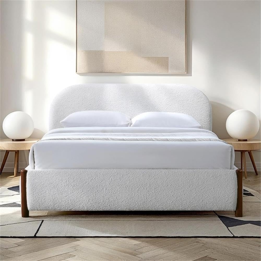 Pemberly Row Upholstered Platform Queen Bed, White Cream Boucle Fabric, Solid Wood Legs, Curved Headboard, Wooden Slat Base, No Box Spring Needed, Modern Bedroom Furniture, 69.5'W x 87.8'D x 38.2'H